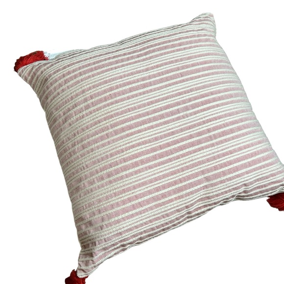 Pier 1 Set of 2 Matching 18”x18” muted red stripe pillows w/tassels & inserts - Picture 5 of 6